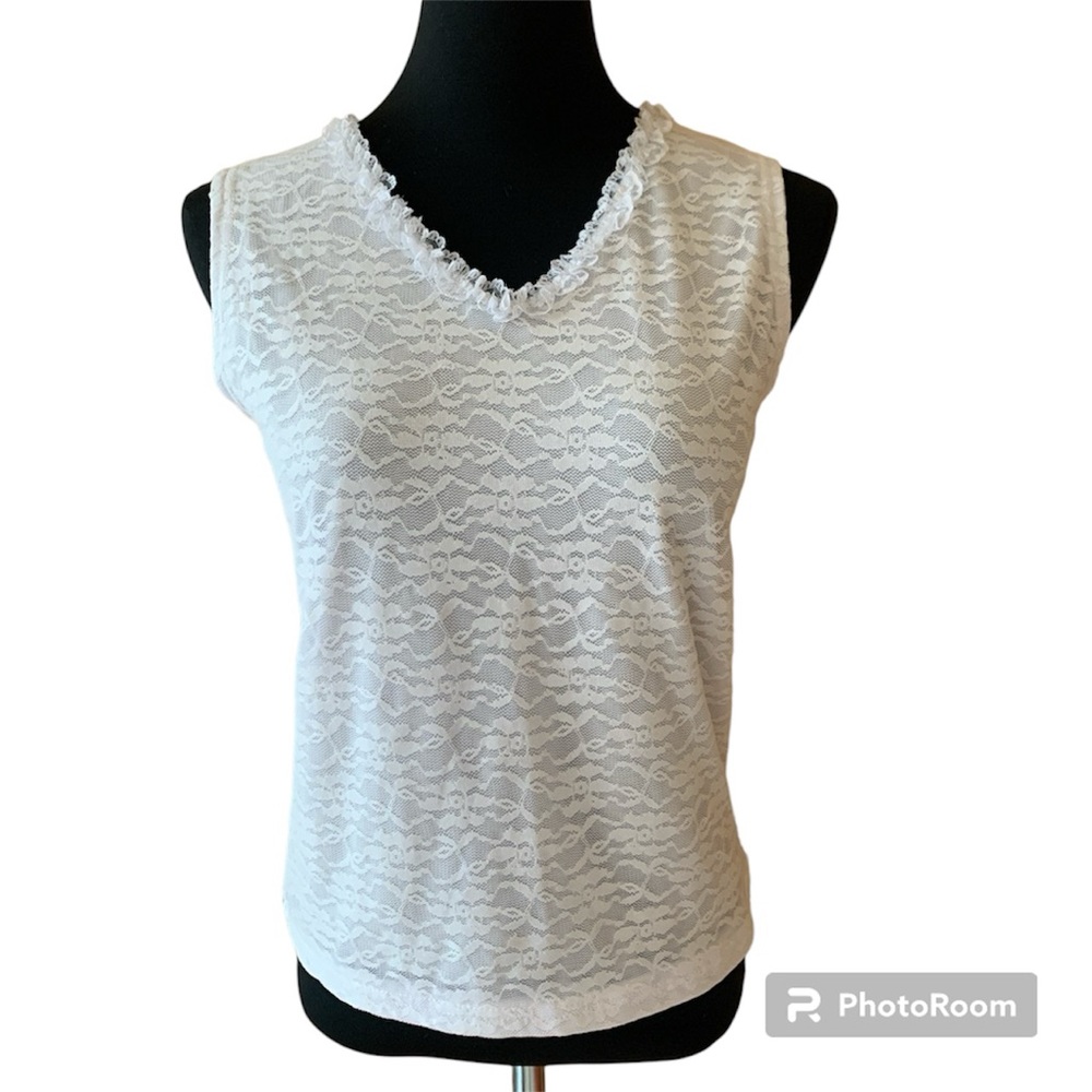 Vintage 90s V-Neck Sleeveless Top Lace Detail Cotton S/M Fairycore Cottagecore